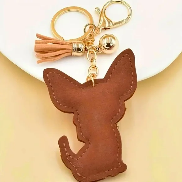 Chihuahua Dog Pink & Brown Rhinestone-Encrusted Key Chain, Bag, & Car Charm - Picture 4 of 5